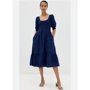 Hill House Louisa Nap Dress Navy Blue Smocked Puff Sleeve Midi Pockets XS‎